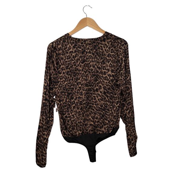 Good American NEW Sepia Leopard Faux Wrap Bodysuit Brown Black 1 or US Small - Picture 5 of 14